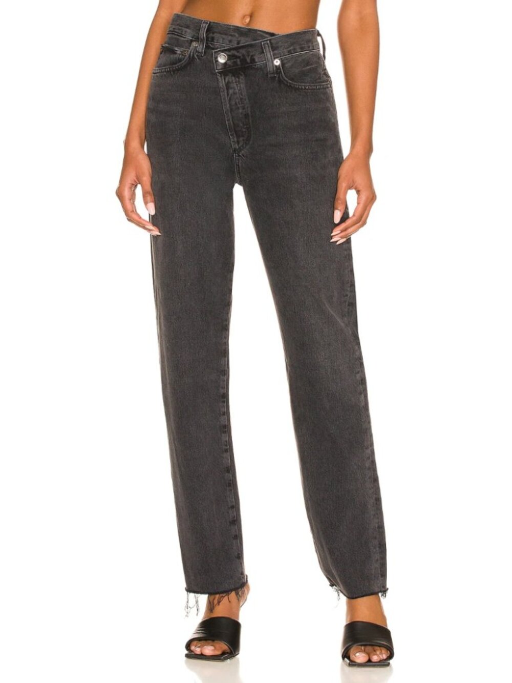 Agolde Criss Cross Straight Jeans Shambles Black Raw Hem High Waist Size 30